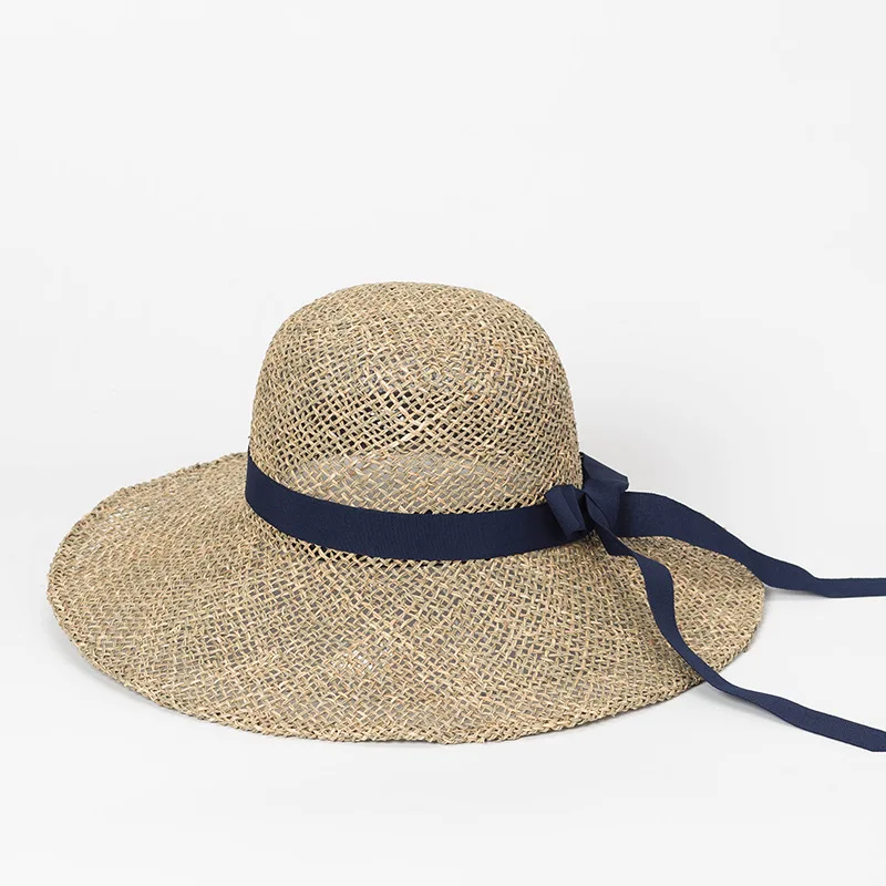 

X395 New Bow Ribbon Seaweed Big Brimmed Hat Outdoor Sun Protection Shading Beach Big Brimmed Straw Hat Panama Caps