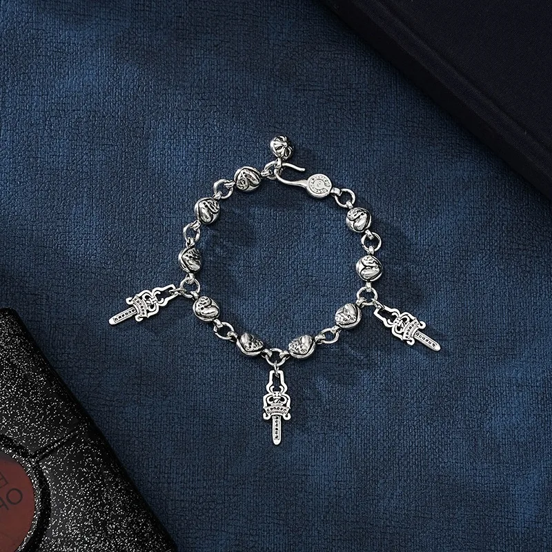 Antique Silver Punk Bracelet Dice Scout Cross Flower Full Rhinestone Thick Letter Chain Biker Jewelry