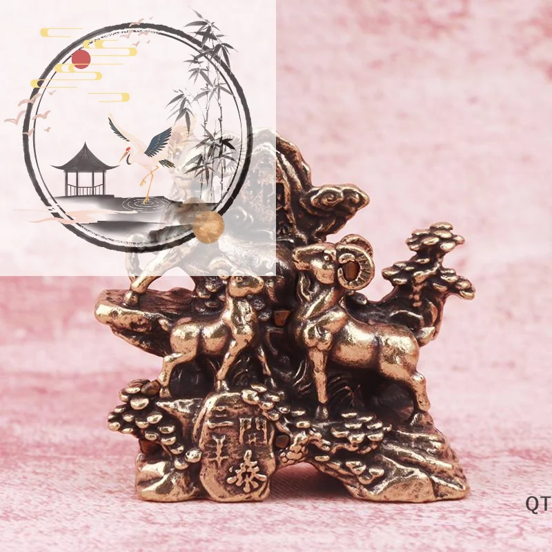 Vintage Brass Three Goat Figurine With Exquisite Carved: Details Auspicious Fengshui Home Office Desktop