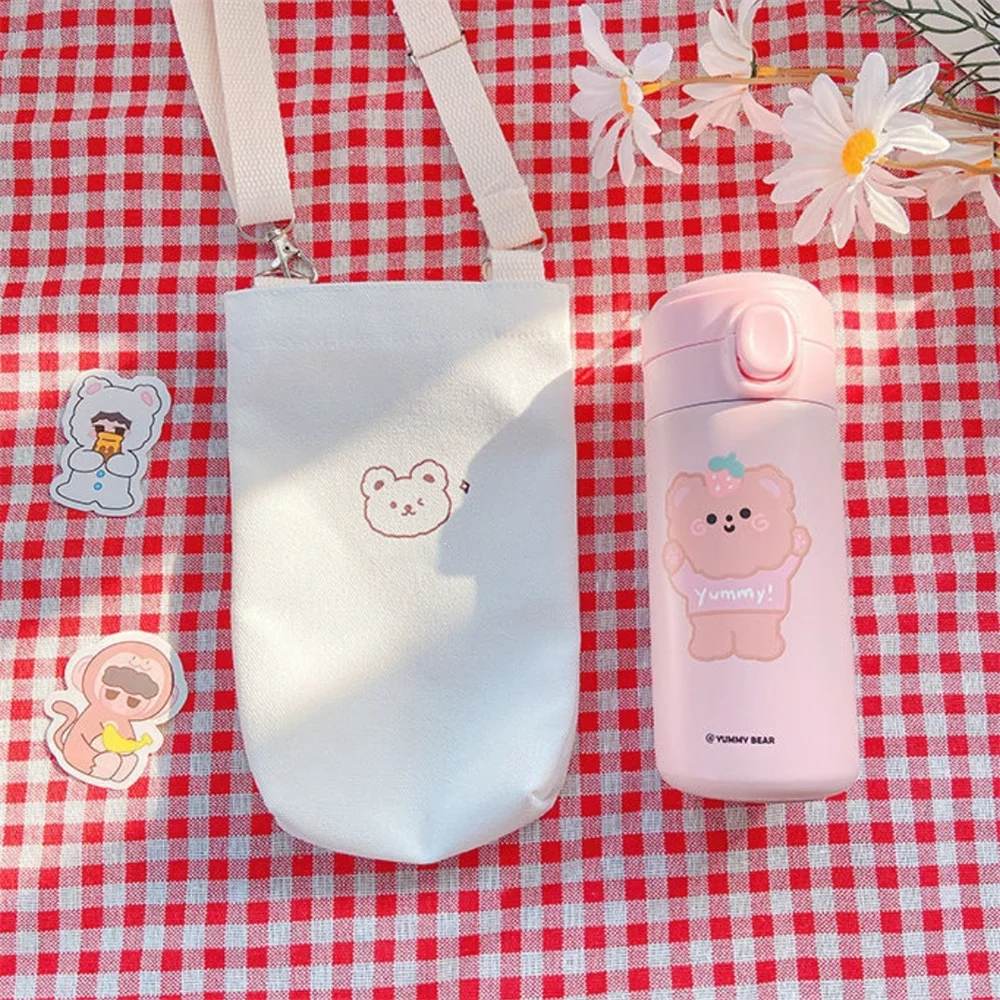 White Ins Insulation Cup Storage Bag Simple Water Cup Bag Bottle Organizer Phone Crossbody Bag Cartoon Small Canvas Bottle Bag