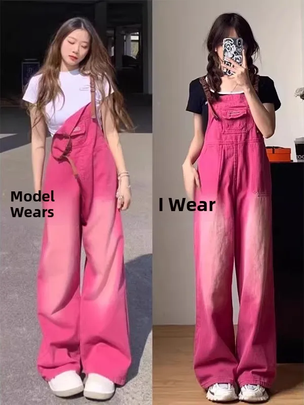 

Sweet Cool Berry Pink Denim Overalls Women's Loose Workwear Spring Summer Anti-Stain Soft Cotton Elastic High Waist Pockets
