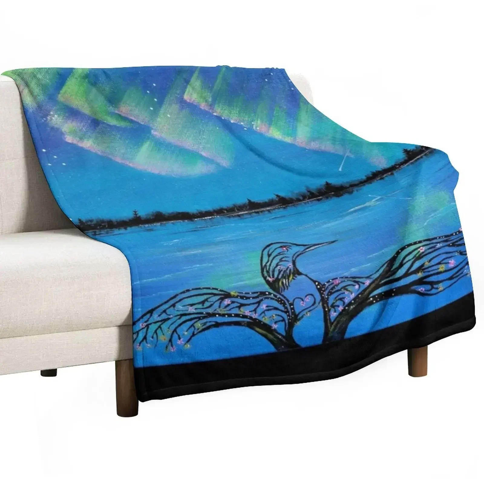 Harmony Trees: Loon Branching into the Aurora Throw Blanket For Baby Travel Blankets