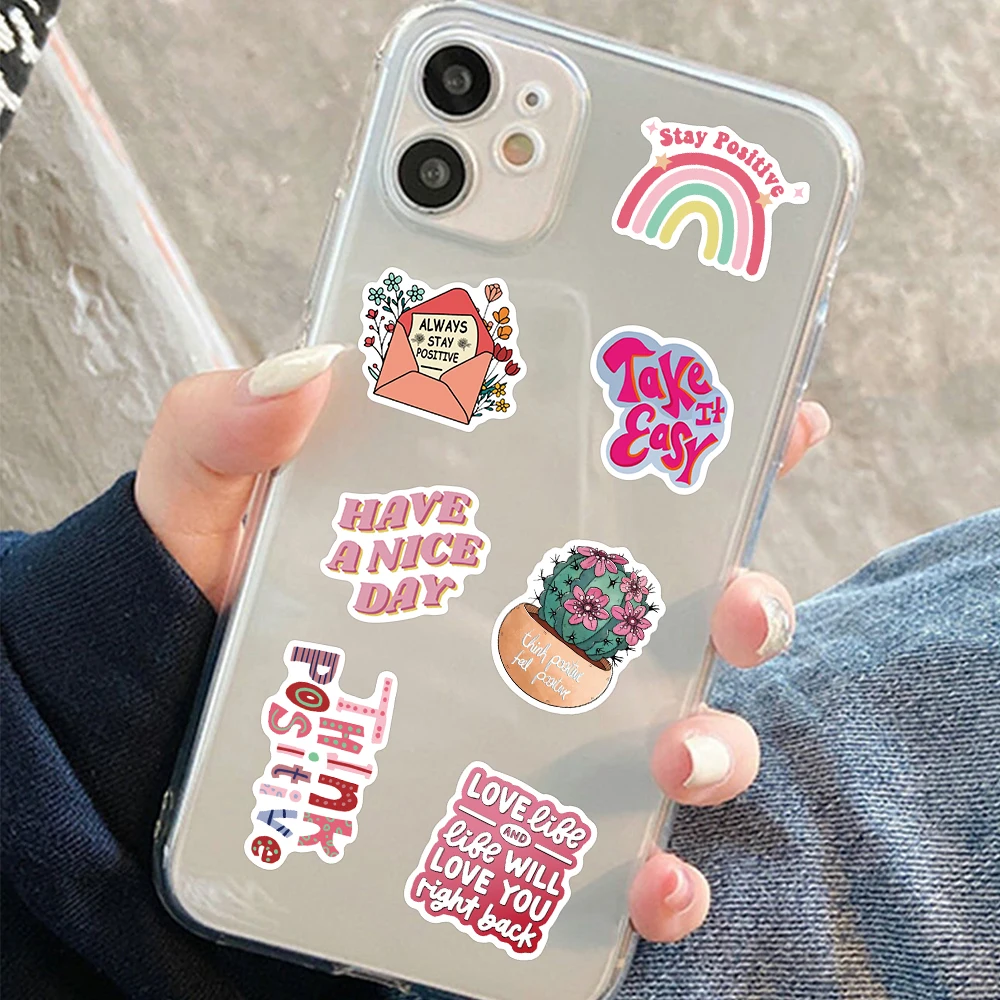 50pcs Pink Inspirational Phrases Stickers Aesthetic Decals Laptop Skateboards Luggage Guitar Notebook Waterproof Vinyl Sticker