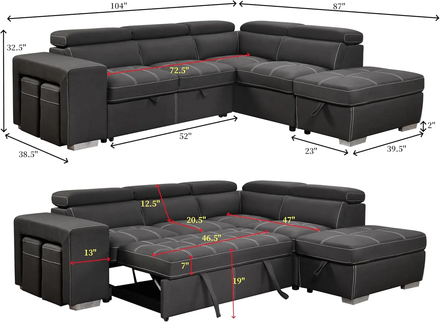 104'' Microfiber Sectional Sleeper Sofa with Pull-Out Bed, Sofa Chaise & Ottoman. Adjustable Headrest and Stools. Charcoal Grey