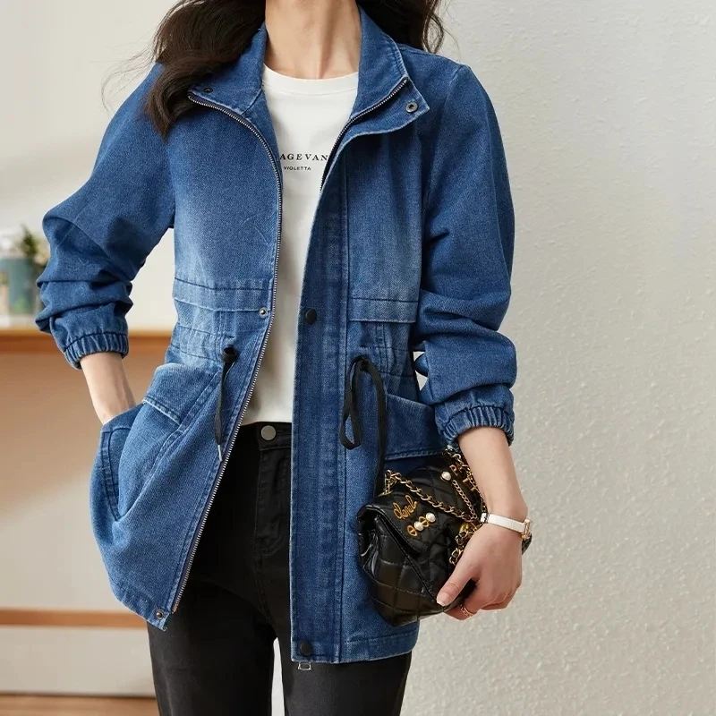 

Vintage Denim Jacket Women Spring Autumn New Korean Stand collar waist jeans Coat Female Casual loose Cowboy Overcoat XQ17