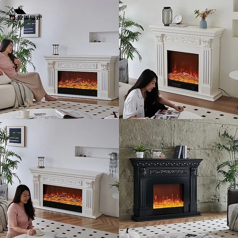 European Solid Wood Fireplace TV Stand Real Flame Log Burning Heater Modern Home