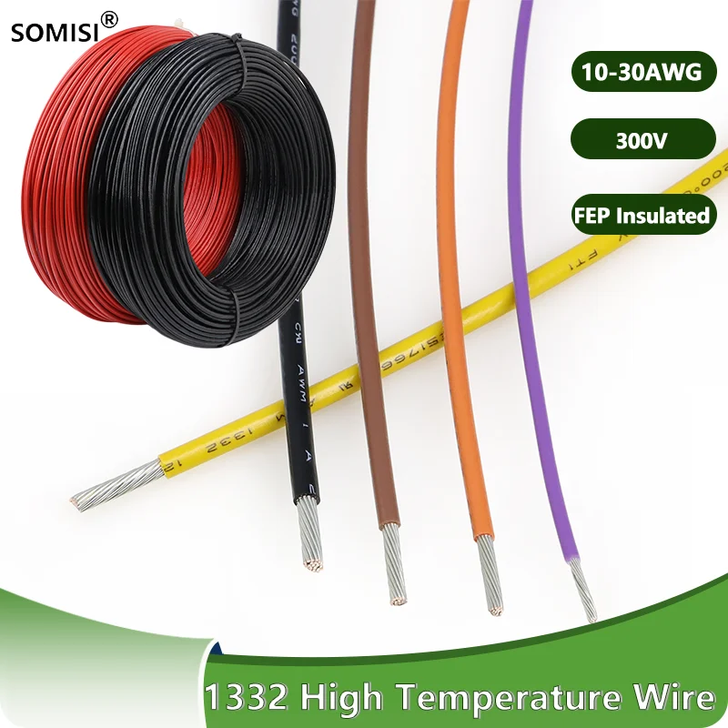 1332 High Temperature Wire 300V 3D Printer FEP Insulated Tinned Copper Cable  30 28 26 24 22 20 18 16 14 13 12 11 10AWG 5/10/20M