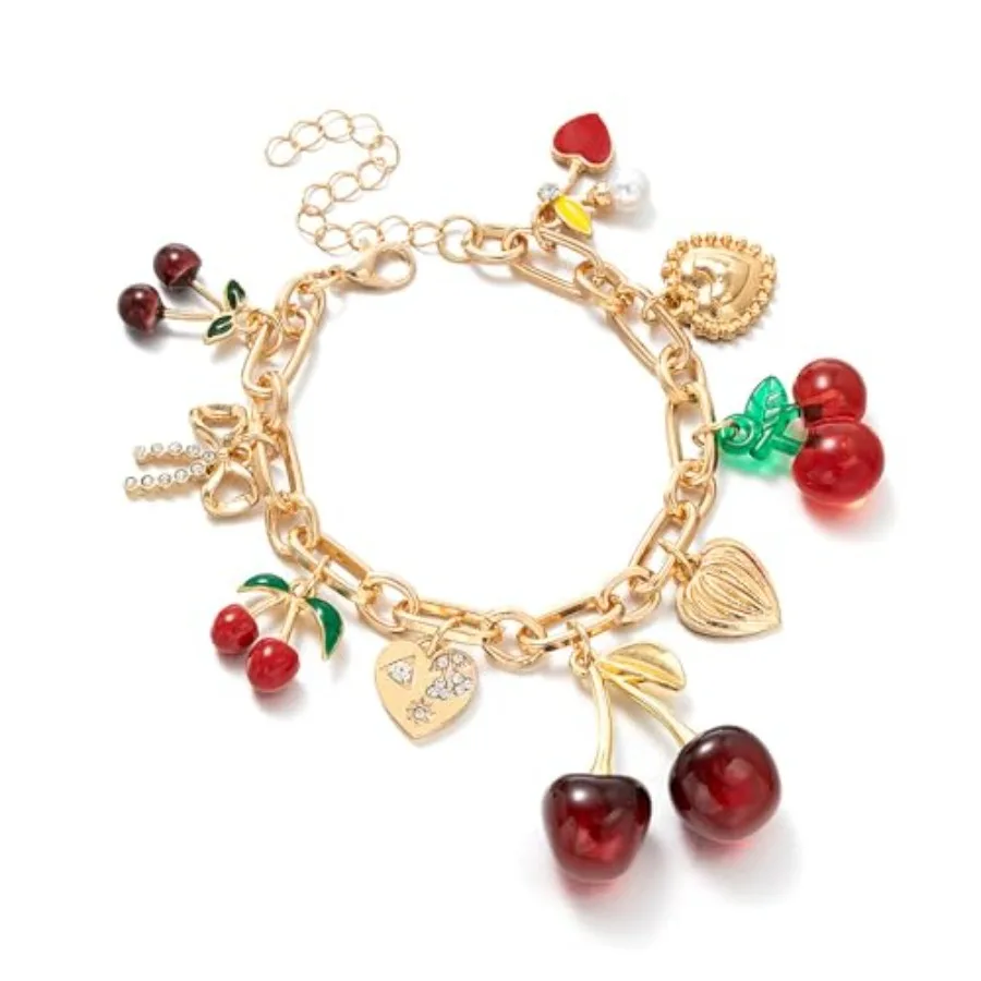 

Cherry Bow Heart Charm Bracelet, Gold Chunky 3D Fruit Realistic Enamel Pearl Adjustable Chain Handmade Fashionable Christmas Je