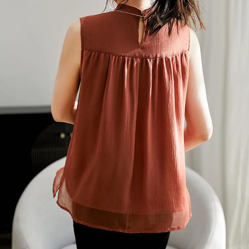 Summer Artificial Silk Shirt Chiffon Sleeveless Top French Style Vest Short Sleeve Fashion Temperament Office Women\'s Clothing