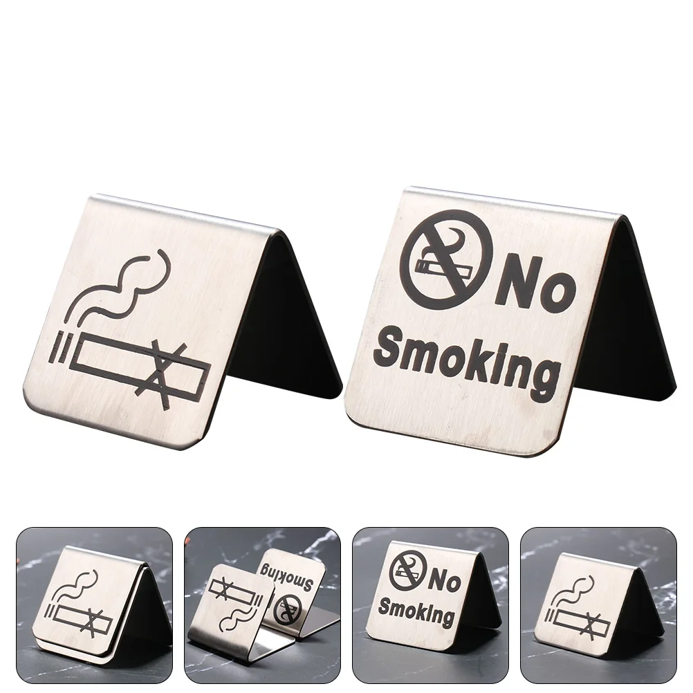 2 Pcs No Smoking Sign Simple Design Signs Tent Easy to Clean Desk Stainless Steel for Home