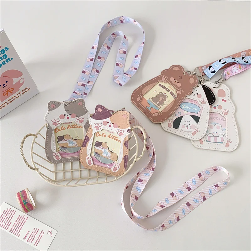 3 Inch Cartoon Photocard Holder Photocards Holder Cute Photo Protector Case With Lanyard PU ID Holders Postcard Album Photo