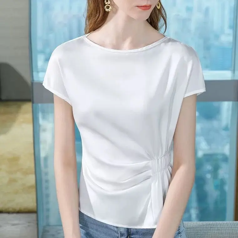 New Fashion White Raglan Sleeve Acetate Satin Shirt plus size 6XL 7XL candy color tops all-match street wear ice silk blouse