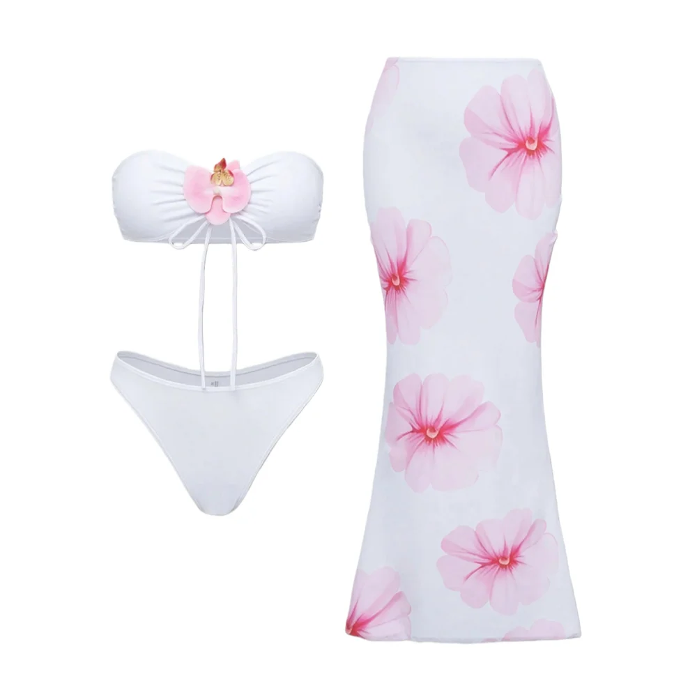 Conjunto de bikini floral blanco con vestido maxi de flores rosas, traje de baño de playa de 3 piezas para mujer, novedad de verano 2025, traje de vacaciones
