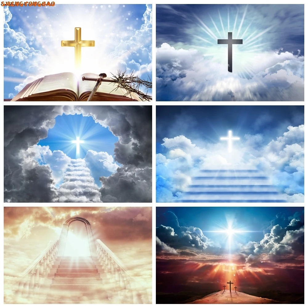 

Jesus Christ Cross Backdrop for Photography Blue Sky Holy Lights Heaven Crucifix Christ God Belief Easter Photo Background Decor