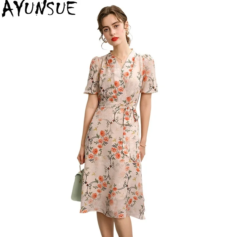 

AYUNSUE 100% Real Silk Dress for Women V-neck Fashion Summer Dress Elegant and Pretty Women's Dresses Midi Dress Lace-up Vestido