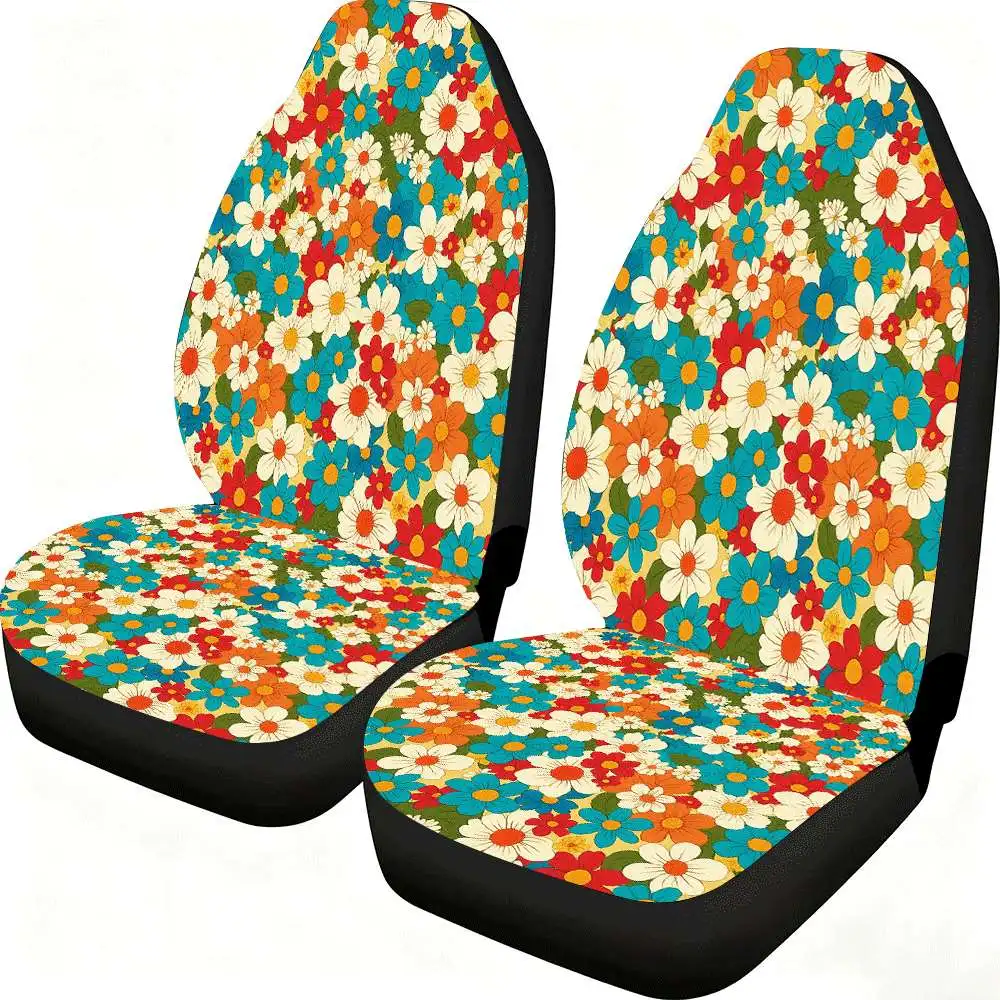 

2pcs Retro Colorful Daisy Floral Car Seat Covers - High Back Design, Polyester Material, Fit For Cars, SUVs & Trucks, Vibrant Fl