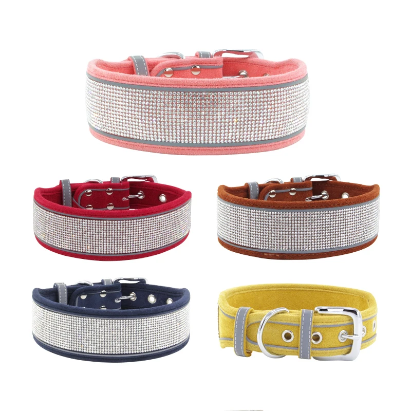 CL202DSuede Leather Shining Durable Rhinestone Decoration Comfortable No Pull Outdoor All Size Pet Dog Collar