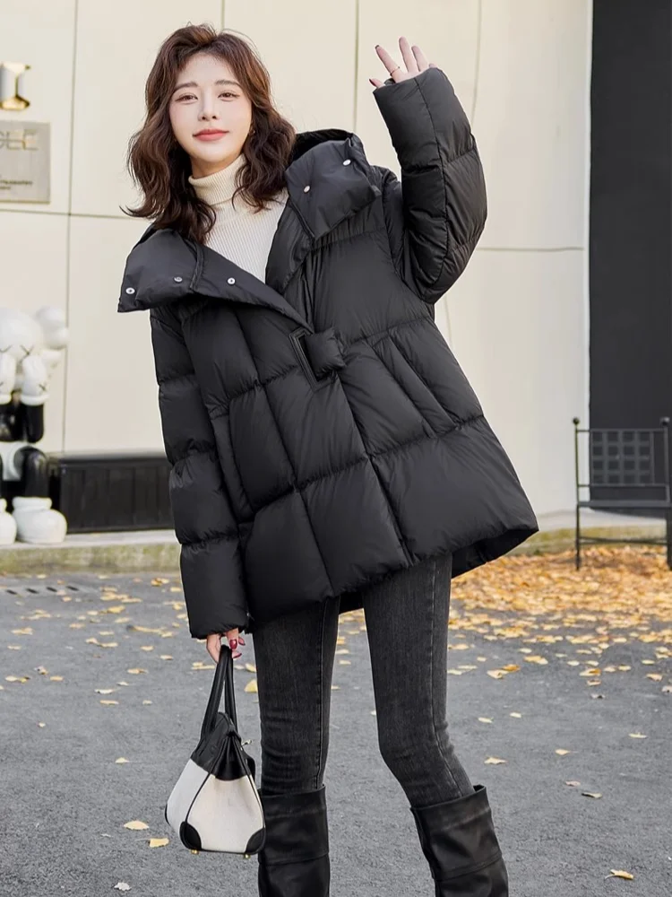 Winter Women\'s Jackets 2024 Thick Warm Loose Fashion  90% White Duck Down Puffer Jacket Hooded Casual Puffy Mid-Length Down Coat