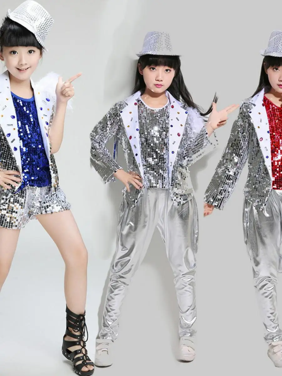 

New Children's Street Dance Set Sequin Jazz Dance Costume Drum Performance Clothes Long Sve Autumn Winter for Boys And Girls