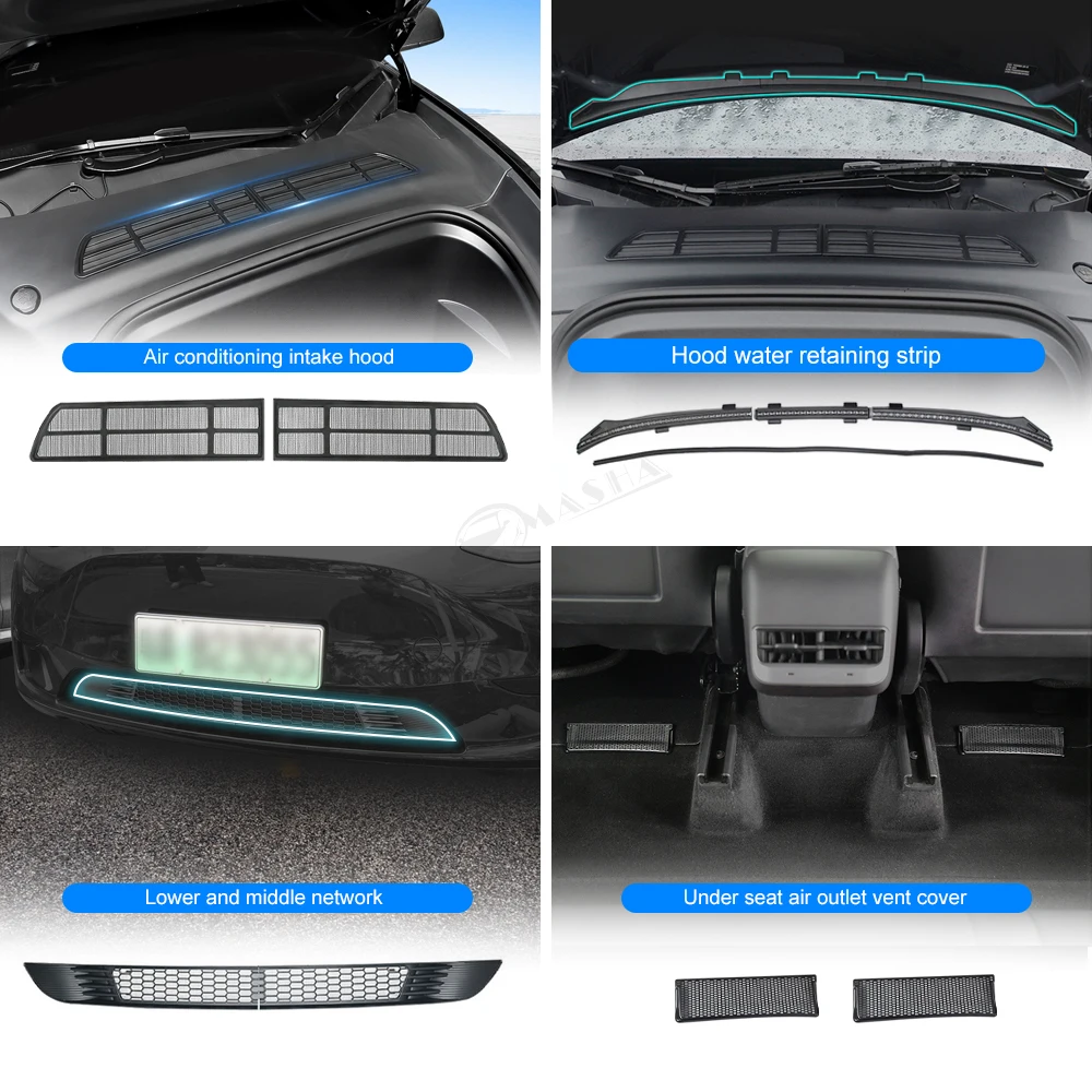 For Tesla Model Y Front Trunk Water Retaining Strip / Car Lower Bumper Anti Insect Net / Air Inlet Protective / Air Outlet Cover