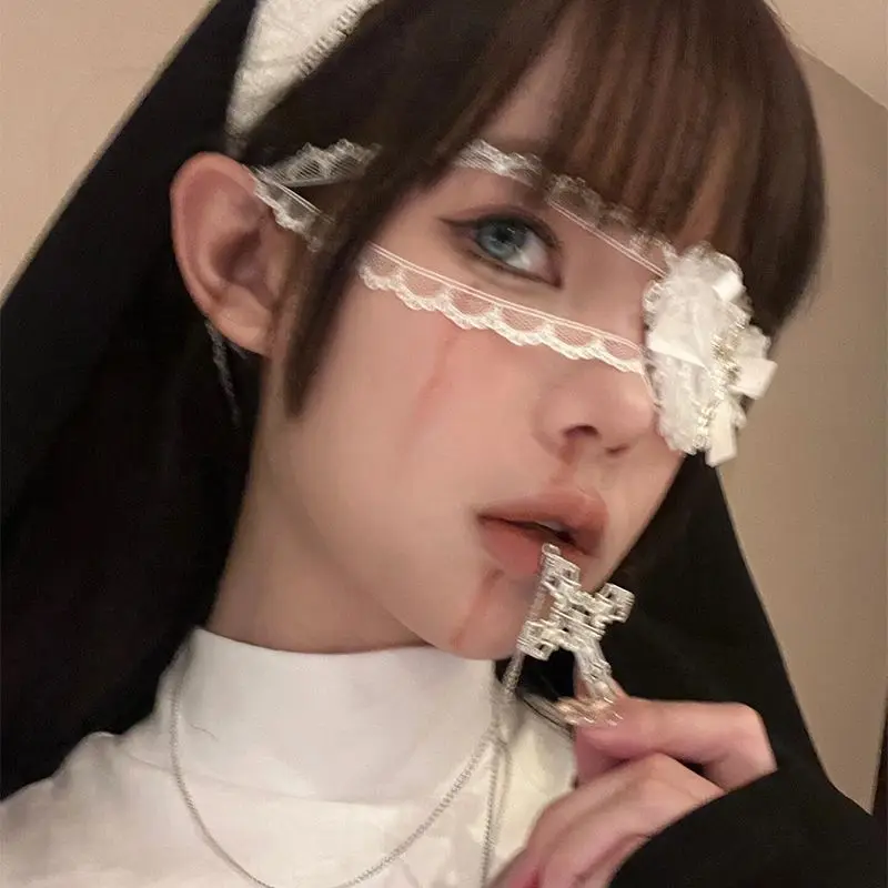 Nun Halloween Punk Eye Mask Breathable White Lace Bow Heart Full Face Mask Cross Cosplay Props