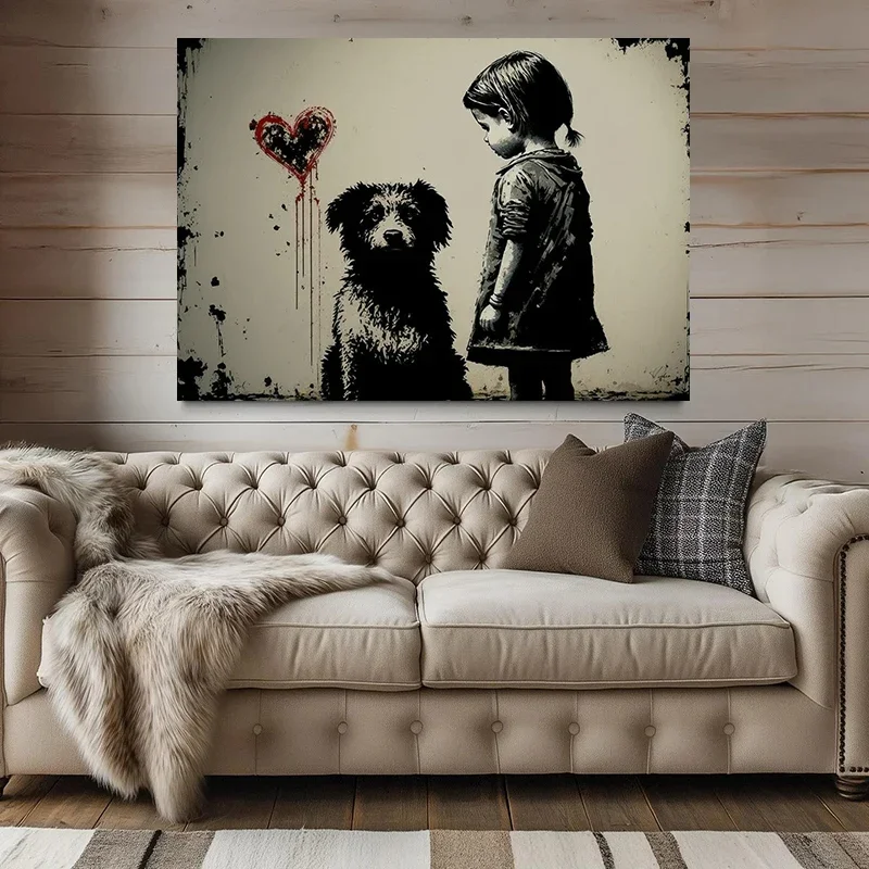Multiple sizes 1pc frameless Canvas Painting,Pop Street Graffiti Girl with Dog Heart-shaped Balloon Poster and Prints Canvas Pai