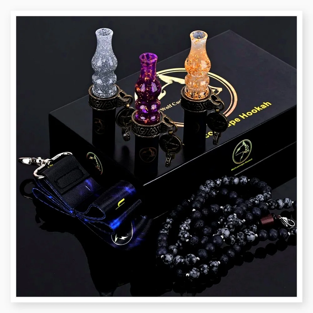 Gold Foil Resin Shisha Tips Cigarette Holder with Retro Ring Buckle and Double Chain for Water Pipes