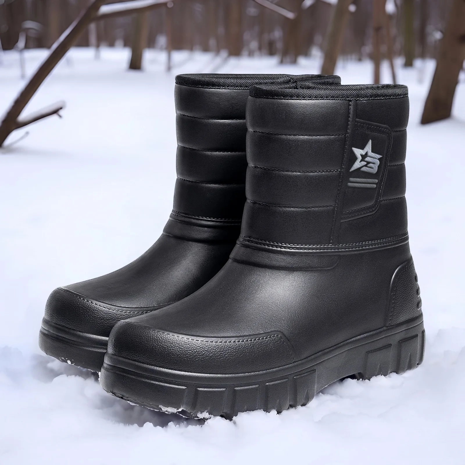 Winter-Herrenschuhe aus Baumwolle mit Fleece, warmem Leder, wasserdichter, dicker Sohle, für Outdoor-Aktivitäten, Angeln, Freizeit, vielseitig einsetzbar, schwarz. – Detail 2