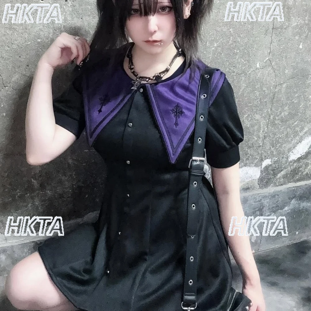 Harajuku giapponese elegante college ricamo colletto rovesciato camicia snellente in vita pantaloncini abito gotico estivo set da 2 pezzi