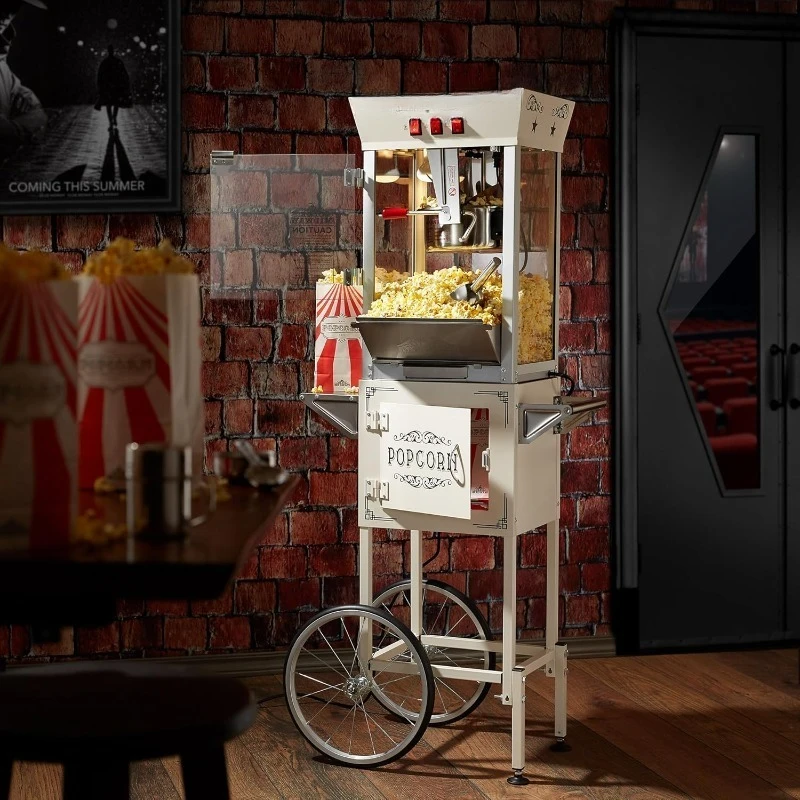 Movie Theater-Style Popcorn Machine Maker with Cart and 8-Ounce Kettle - Cream, Vintage-Style Popper on Wheels