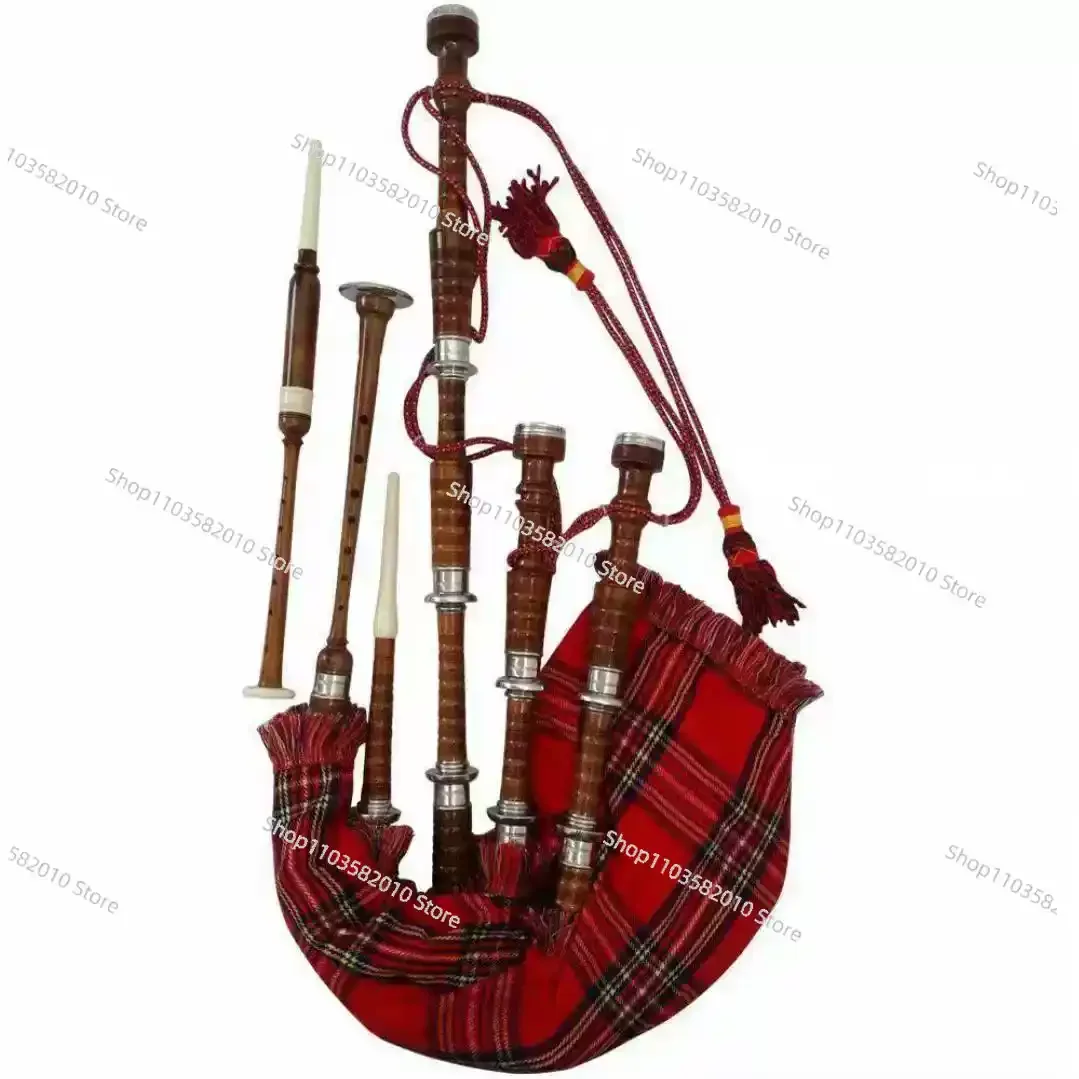 Handcrafted Highland mahogany all-gold bagpipes with hard case and instructor's book for high-quality Scottish instruments