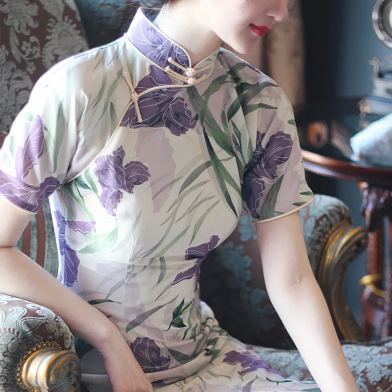 Elegant Purple Big Flower Chiffon Fabric, High Grade, Summer Dress Shirt, Pajamas Cheongsam Han Cloth, Sewing Material, T1971