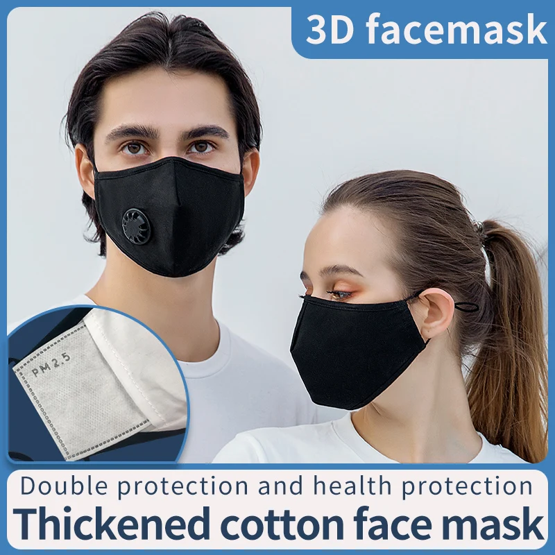 Mascarilla de algodón PM2.5 para adultos, máscara de protección solar, lavable, tridimensional, transpirable, color negro