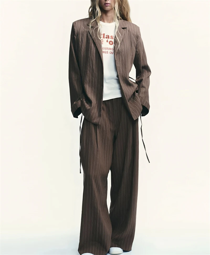 Costume deux pièces en lin pour femme, ensemble pantalon élégant, Blazer rayé, veste droite, jambes larges, nouvelle collection automne ﻿ Aftenстюм