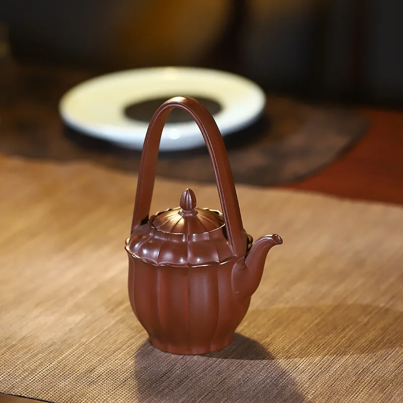 High-End Handmade Purple Tea Pot Made Raw Ore From Yixing Zhaozhuang Featuring Small Red Clay With Ribbed Patterns And A
