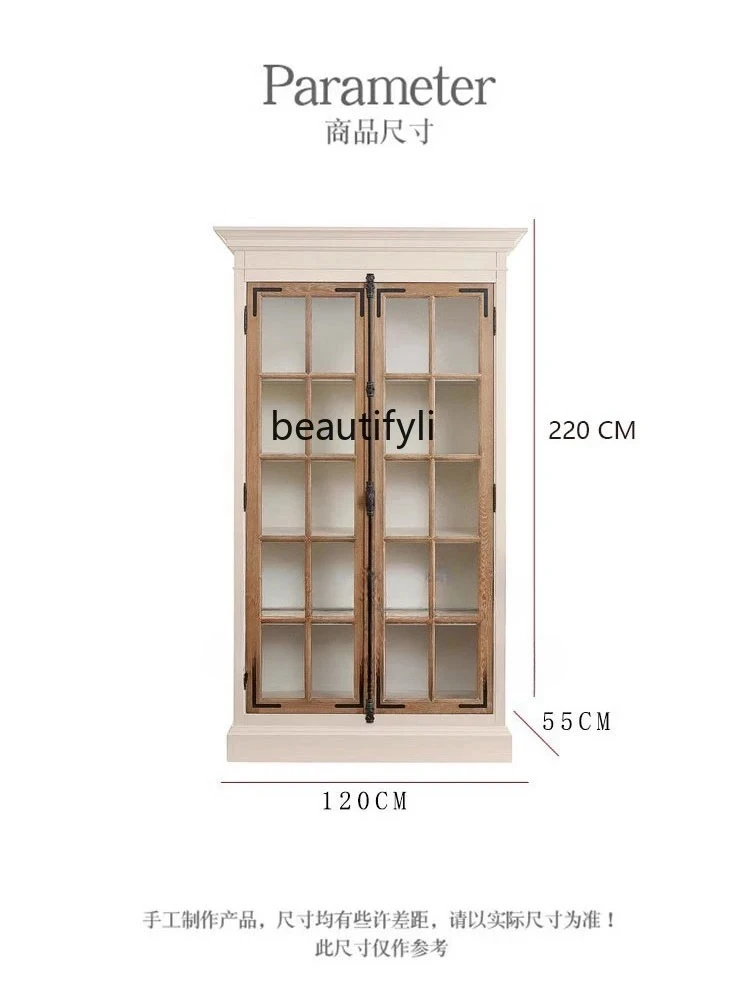 Solid Wood Bookcase Living Room White Decorative Glass Door Wine Cabinet French Simplicity Multi-Functional