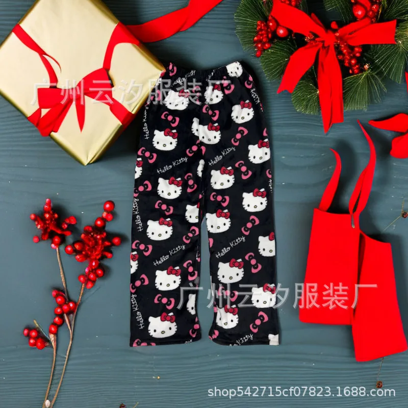 Sanrio Hello Kitty Christmas Flannel Fashion Halloween Pajamas Trouserswomen Cartoon Warm Loose Women Kawaii Home Leisure Pant