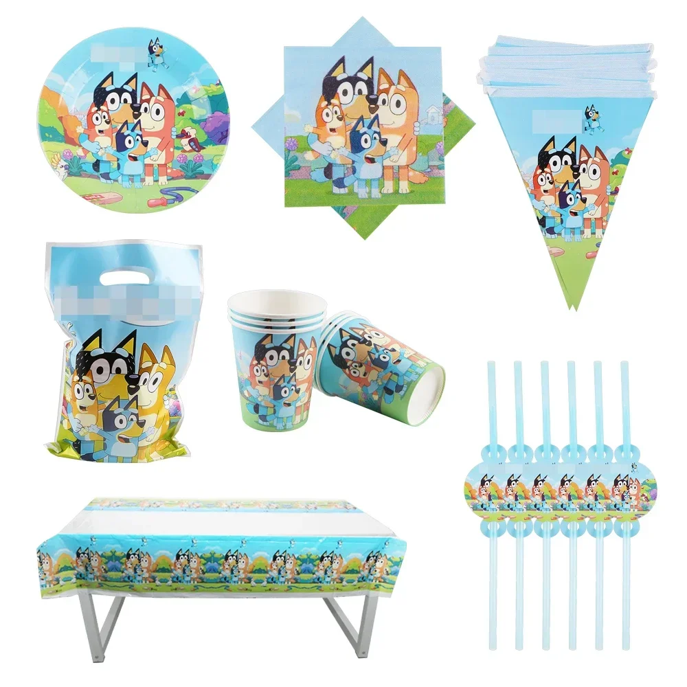 Cartoon Bingo Blue Dog Balloon Set Baby Shower Disposable Tableware DIY Decorative Cup and Plate Boys and Girls Birthday Party