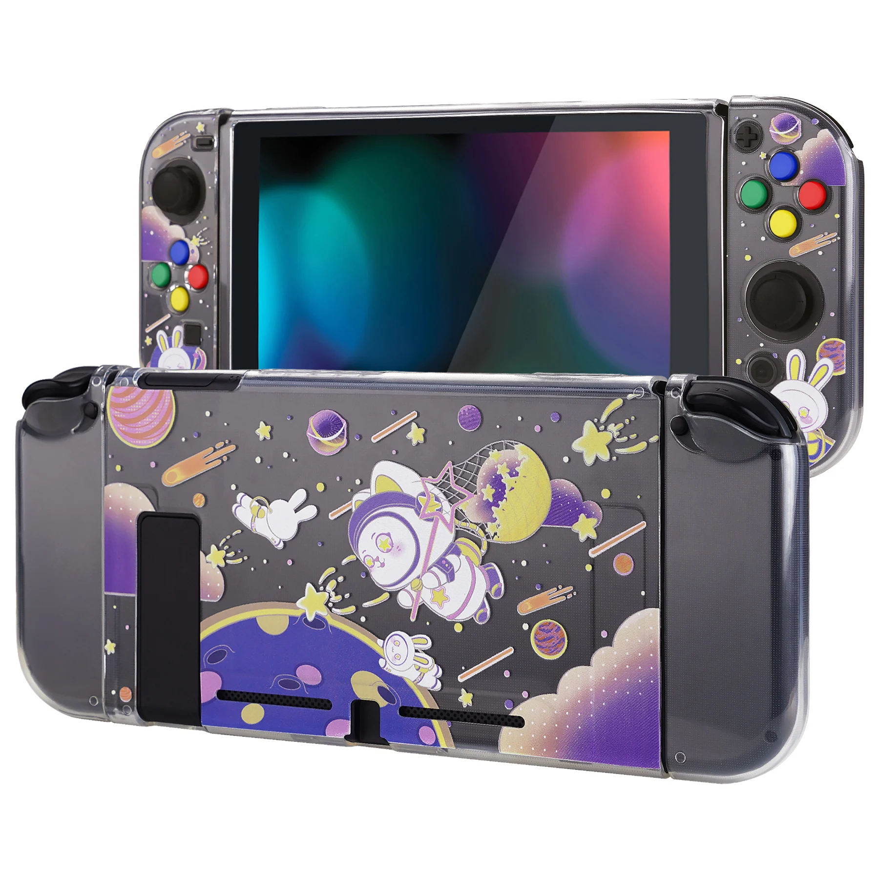 PlayVital Transparent Soft TPU Slim Protective Shell for Nintendo Switch with ABXY Direction Button Caps - Space Cat Adventure image 4