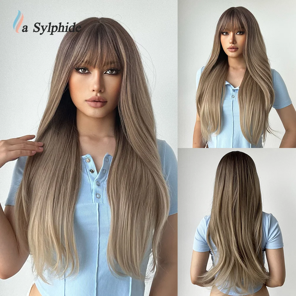 La Sylphide Ombre Brown Wig with Bangs Long Straight Good Quality Synthetic Wigs for Woman Daily Natural Hair Wig