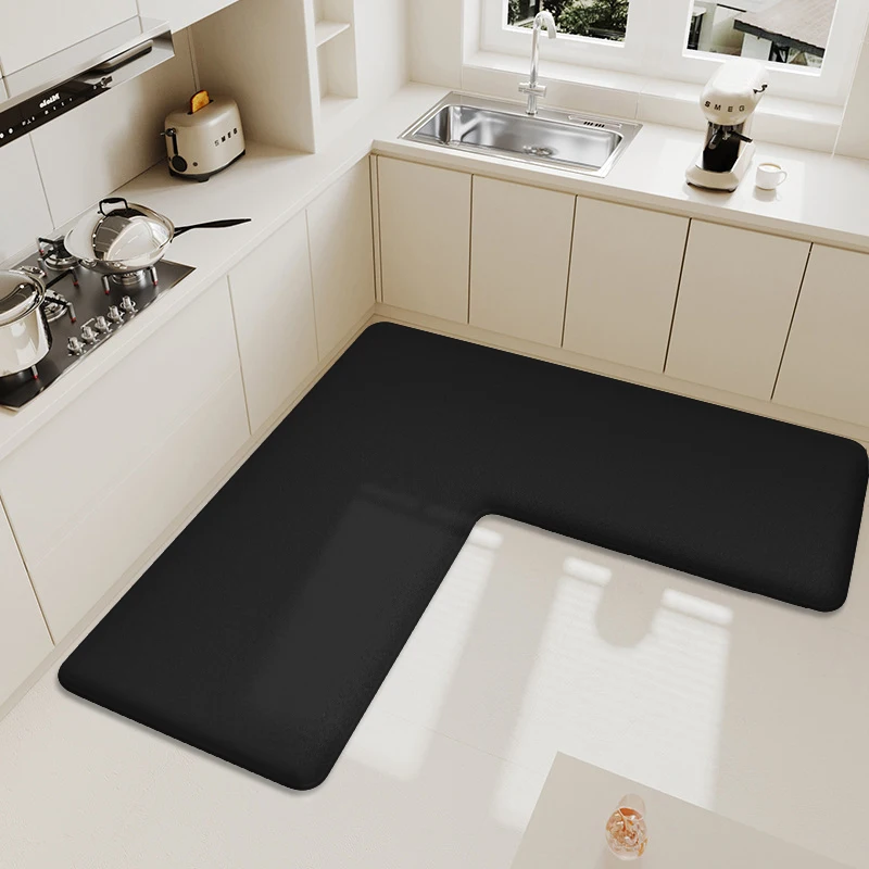 Solid color kitchen flannel floor mat L-shaped water and oil absorbent foot mat household dirt-resistant non-slip soft carpet