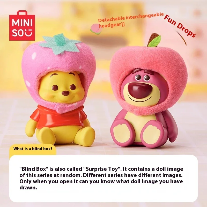 MINISO 디즈니 캐릭터 블라인드 박스 과일 모자 시리즈 인형 스티치로쏘 미스터리 박스, 귀여운 모델 장난감, 어린이 명절 선물, 정품