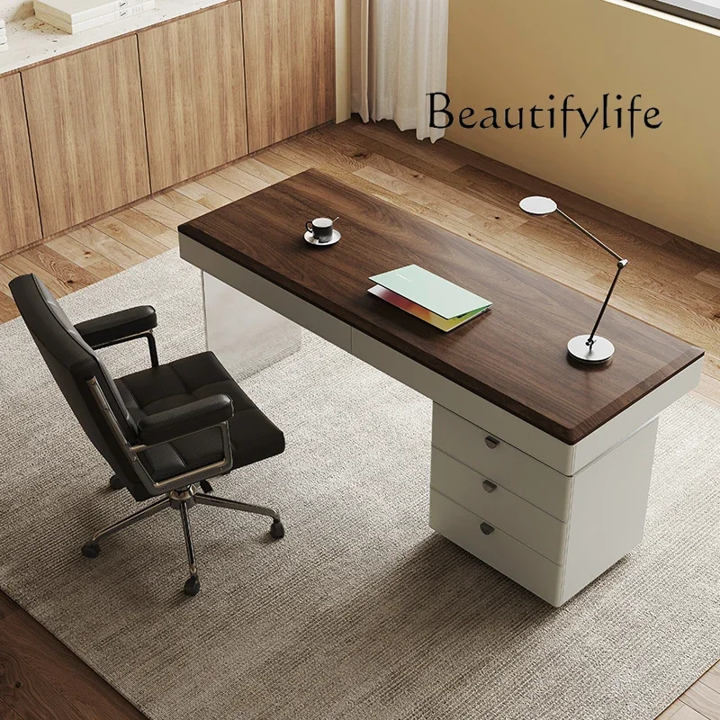 Solid wood retro desk home living room one-word desk black walnut veneer writing table