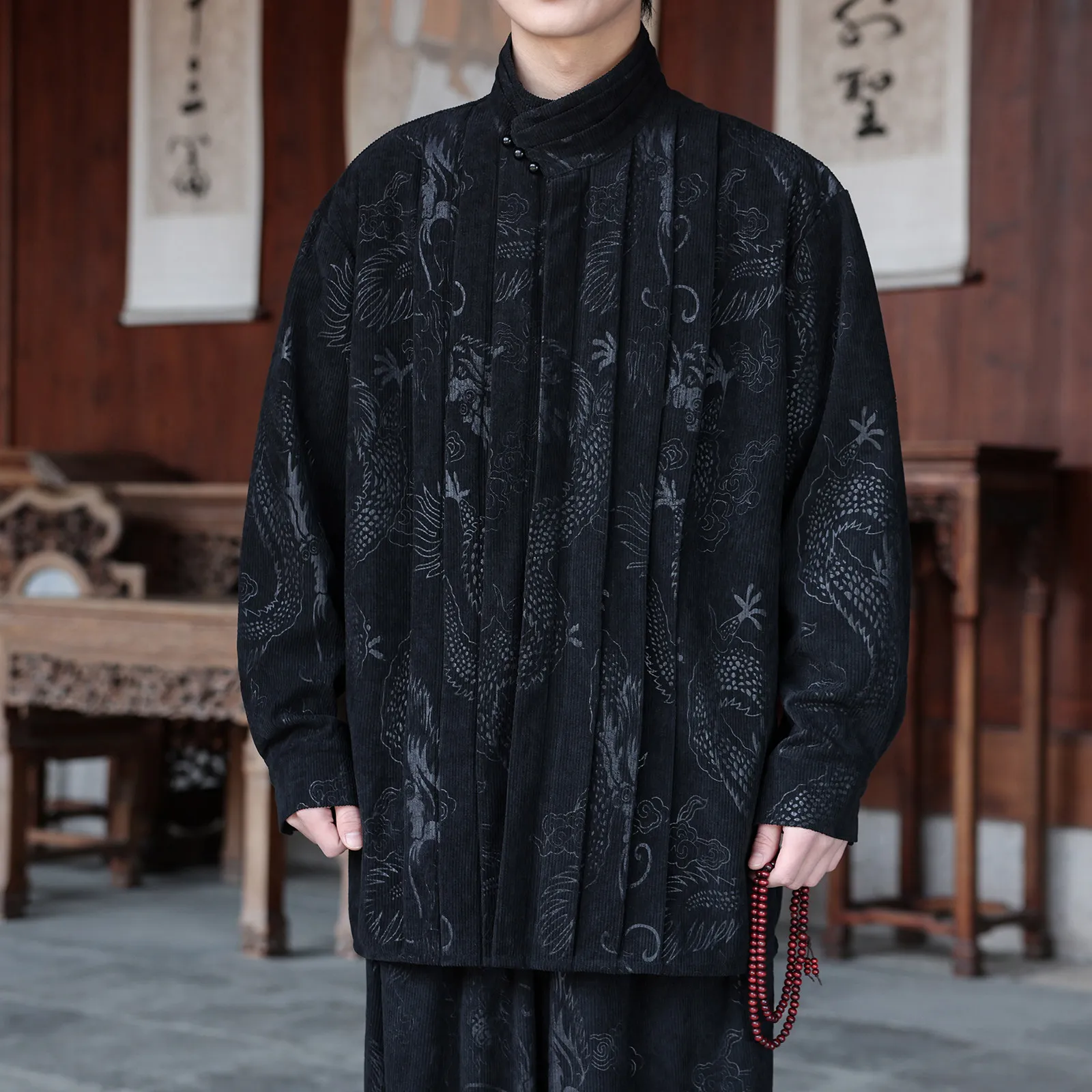 Men's New Chinese Style Corduroy Shirts Long Sleeve Mandarin Collar Shirt Traditional Casual Niche Pleated Original Blouse