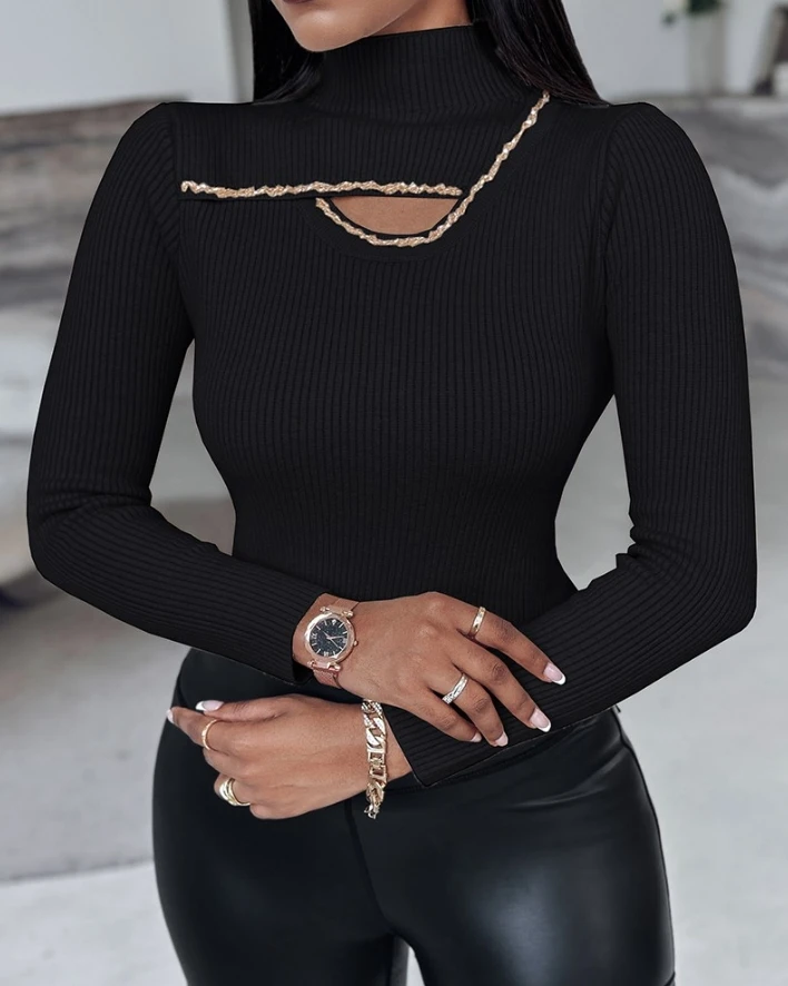 Sexy Tight Top 2024 Solid Color Women's Rhinestone High Neck Hollowed Out Long Sleeve Knitted Sweater Wool Lining Soft Warm Top