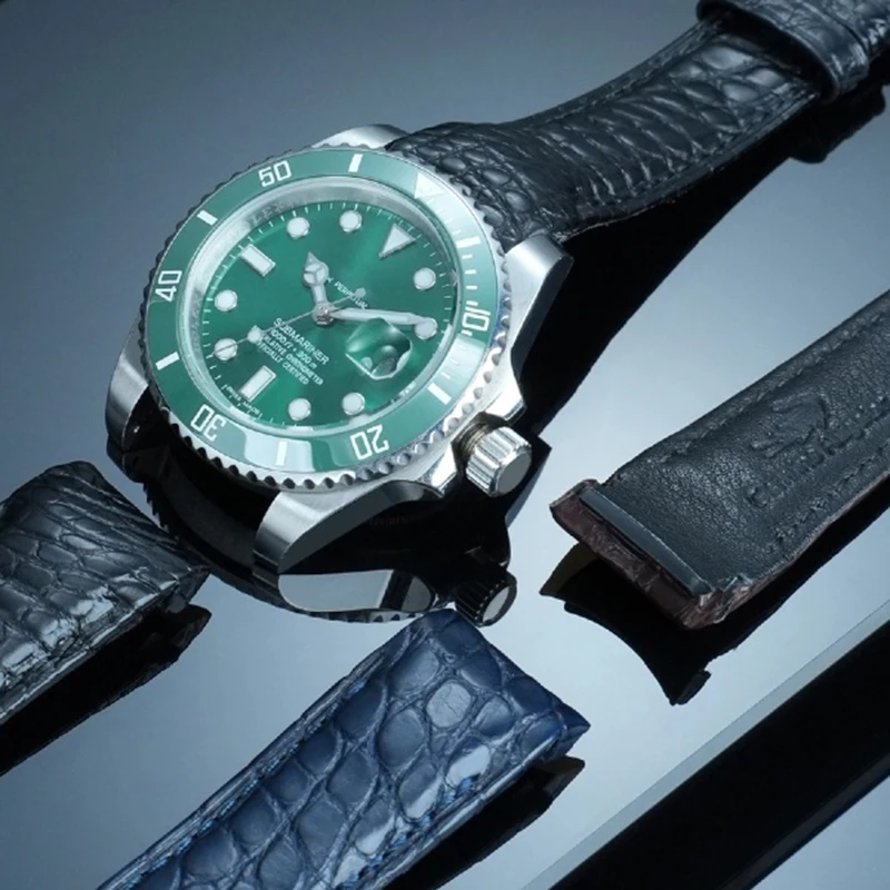 جلد التمساح قوس الفم حزام ساعة اليد لأوميغا رولكس أسود أخضر المياه شبح دايتونا قوس سلس جلد التمساح جلد ناعم وا
