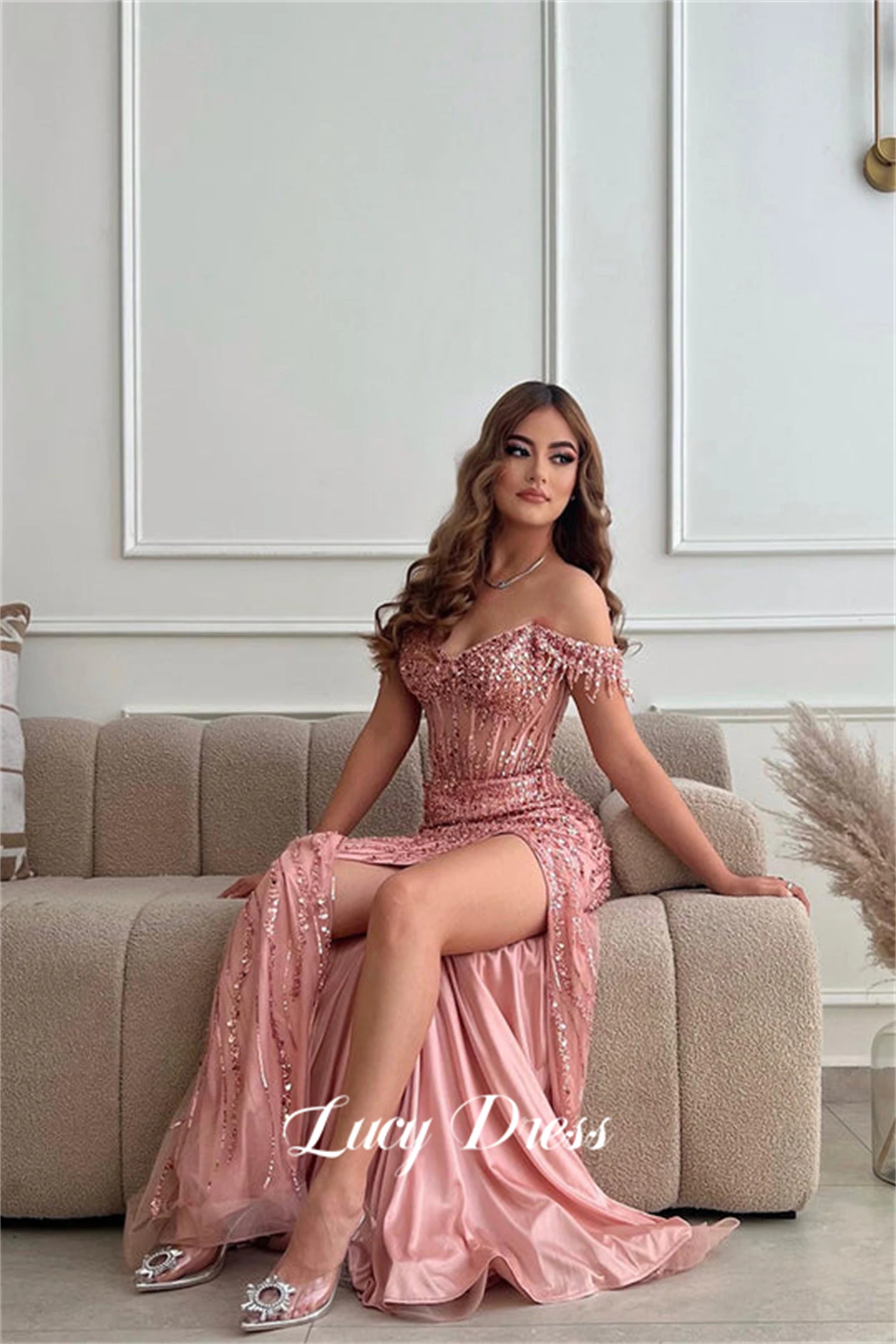 Lucy-Luxurious Mermaid Evening Dress, Bead-bordado vestido de baile, saia destacável, cetim rosa, Dubai Luxury Dresses