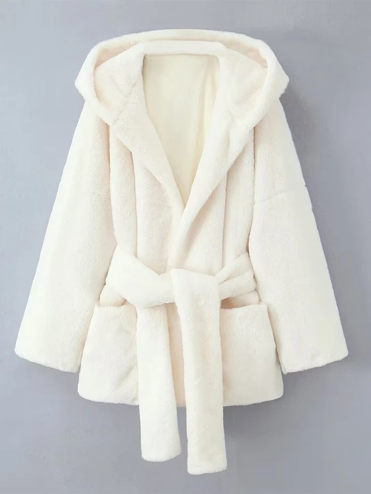 

New autumn women's clothing French retro temperament simple loose casual long-sleeved plush hooded coat jacket