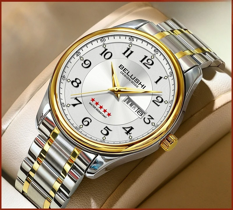 Red Star Large Dial Watch for Seniors, Dual Calendar, Luminous, Waterproof, Two-tone Stainless Steel Strap Quartz Wrist Watch
