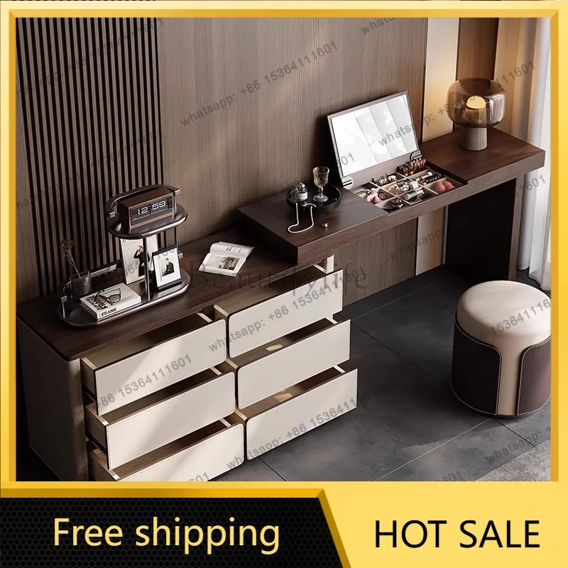LDModern Solid Wood Dressing Table Storage Cabinet Integrated Bedroom Modern Flip Mirror 6 Drawers   Makeup Table